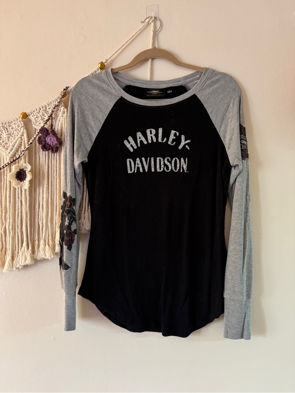 Harley-Davidson Black Tee with Gray Raglan Sleeves and Floral Sleeve Detail